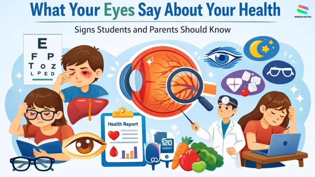 Vector illustration showing how eyes reveal health signs, including eye exam, students with eye strain, vision test chart, and healthy habits for eye care.