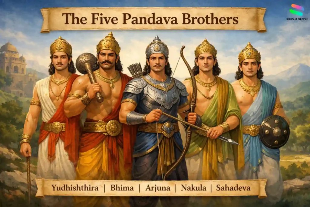 Illustration of the five Pandava brothers from the Mahabharata standing together in royal attire with their names shown below