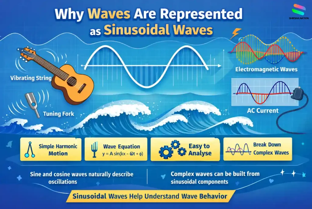 Vector illustration explaining why physical waves are represented as sinusoidal waves, showing sine wave graph, vibrating string, tuning fork, electromagnetic waves and AC current examples.