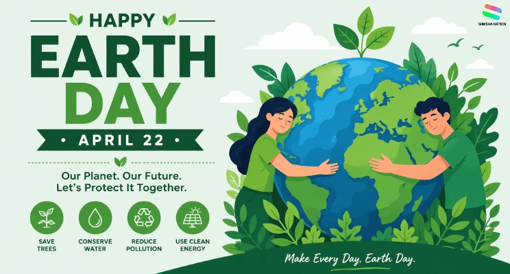 Happy Earth Day illustration showing two people hugging the planet with message Our Planet Our Future and April 22 Earth Day theme