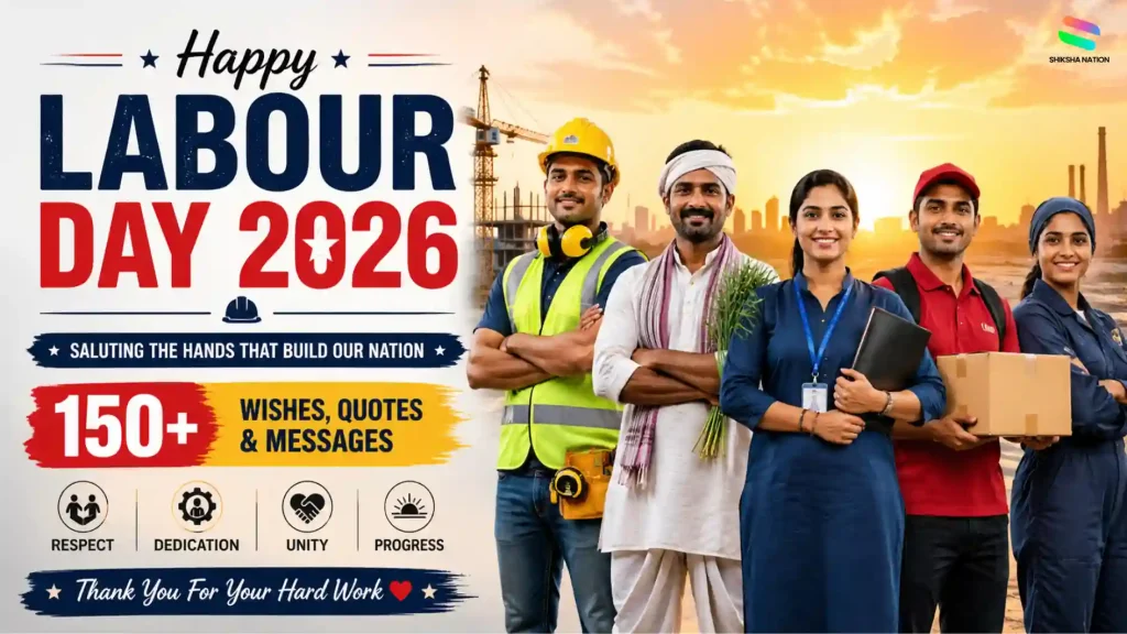 Happy Labour Day 2026 wishes image with workers illustration and quotes messages for May 1