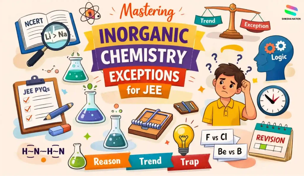 Inorganic chemistry exceptions for JEE Mains infographic showing trends vs exceptions with examples like Cl vs F and Be vs B