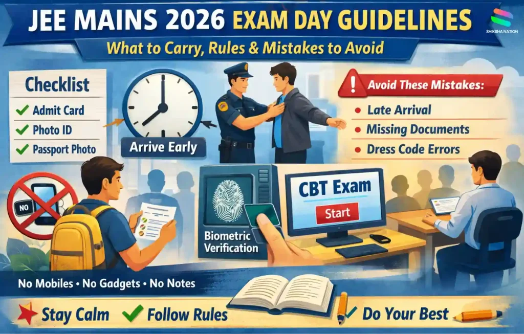 JEE Mains 2026 exam day guidelines checklist showing documents, dress code, reporting time, and rules for students