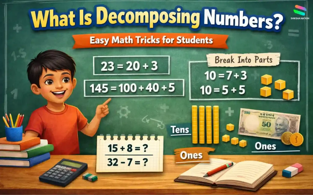 Illustration showing decomposing numbers into tens and ones with examples for students