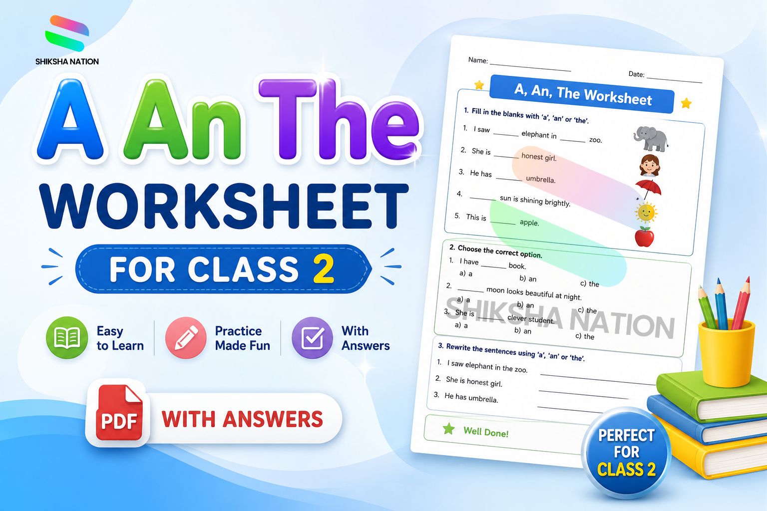 A An The Worksheet for Class 2 with Answers