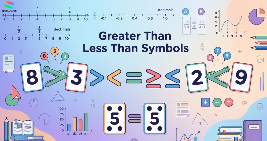 Greater than less than symbols chart with maths comparison examples for students