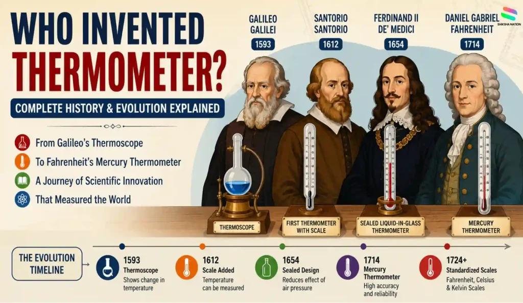 Historical timeline infographic showing who invented the thermometer from Galileo’s thermoscope to Fahrenheit’s mercury thermometer