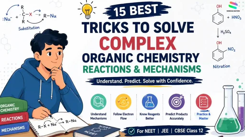 Illustration showing the best tricks to solve complex Organic Chemistry reactions and mechanisms with reaction diagrams, electron flow, and study strategies for NEET, JEE, and CBSE students.