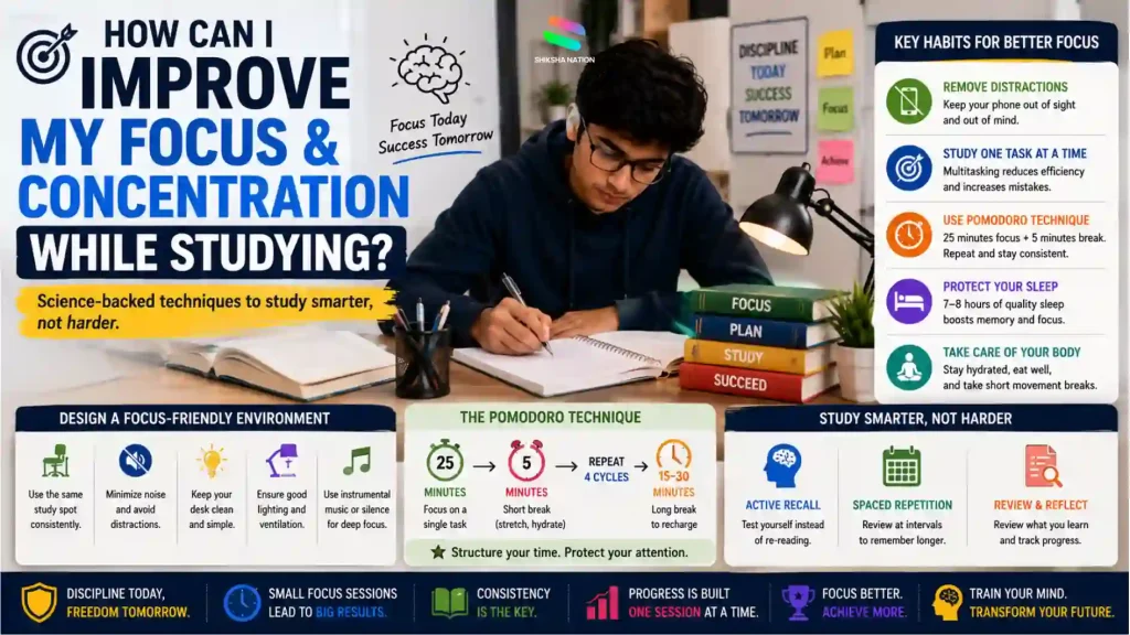Improve Focus While Studying using Pomodoro, active recall, and distraction-free study techniques