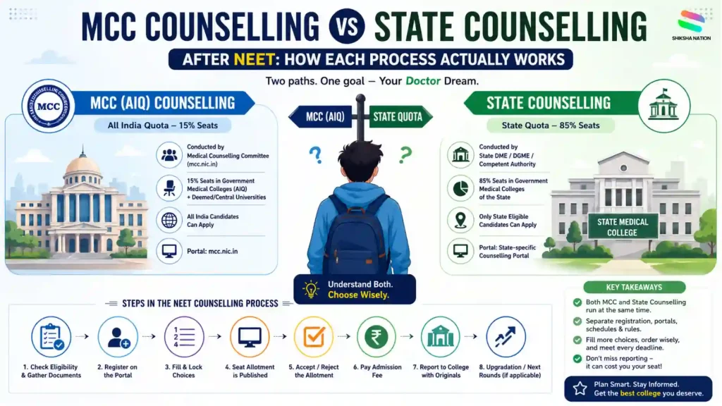Vector infographic comparing MCC AIQ counselling and State counselling after NEET, explaining seat quota, registration process, choice filling, seat allotment, reporting, and admission process for MBBS aspirants.
