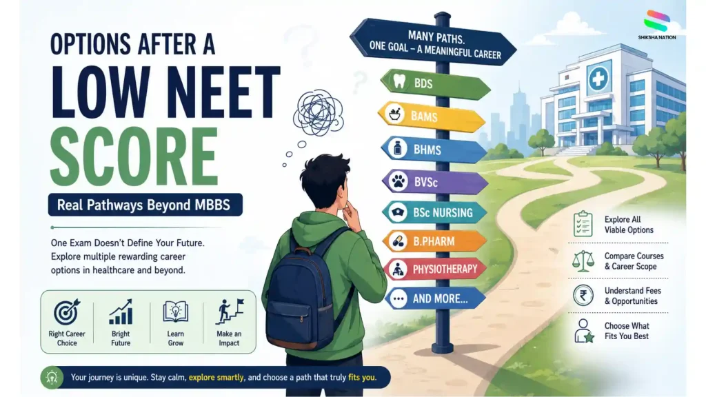 Vector illustration showing career options after a low NEET score, including BDS, BAMS, BHMS, BVSc, BSc Nursing, B.Pharm, Physiotherapy, and other healthcare pathways beyond MBBS.