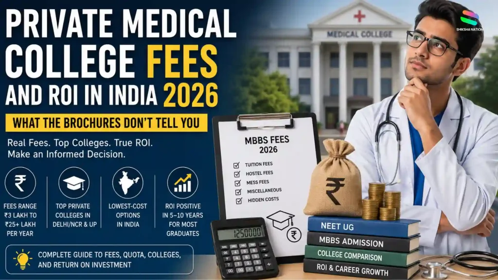 Private Medical College Fees India 2026 – MBBS fee comparison, top private medical colleges, state-wise tuition costs, and return on investment (ROI) guide.