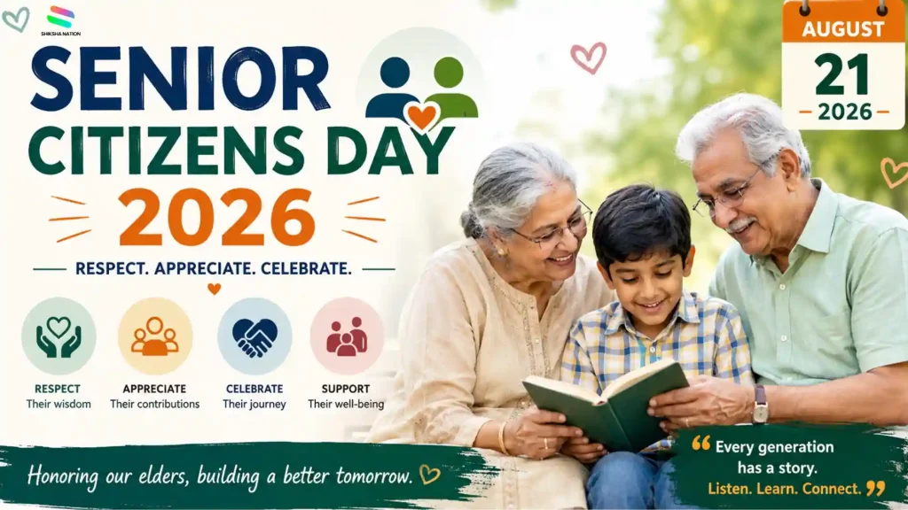 Senior Citizens Day 2026 poster showing grandparents and a child with the August 21 date and messages about respecting, appreciating, celebrating and supporting senior citizens.
